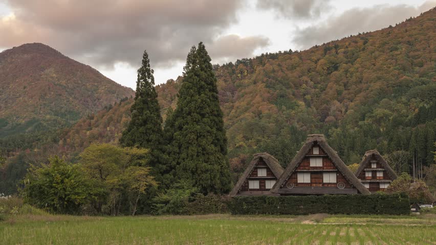 Shirakawago village Gifu Japan time lapse Historical Japanese traditional Gassho house at Shirakawa village autumn foliage