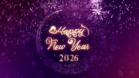 A golden sparkling “Happy New Year 2026” message surrounded by glowing fireworks and a shimmering particle wreath on a vibrant purple background. - Powered by Shutterstock - Get 15% off with code: PIKWIZARD15
