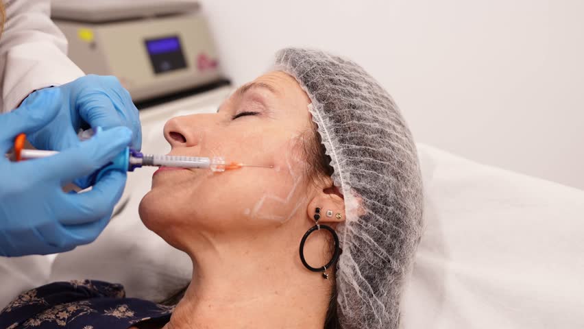 Dermatologist performing a cosmetic procedure on a senior woman. Doctor injecting a biostimulator filler for a facial lifting treatment