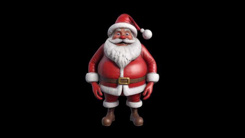 A cheerful 3D Santa Claus Christmas loop animation, perfect for festive promos, holiday greetings, winter ads and joyful seasonal projects. Clean, seamless, and transparent background.
