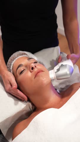 Professional beautician performing non invasive high intensity focused ultrasound facial treatment on a client lying on a beauty couch