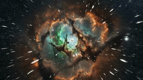 A small spaceship navigates through a colorful and luminous nebula with streaks of light indicating rapid movement. - Powered by Shutterstock - Get 15% off with code: PIKWIZARD15