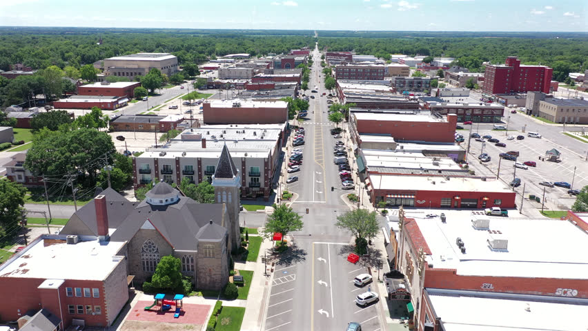 Afternoon sun shines on the historic buildings of downtown Emporia, Kansas, USA.