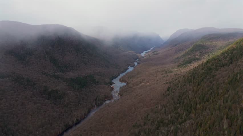 Aerial Drone Video of the River Winding Through Jacques Cartier National Park in Quebec, Canada