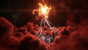 Explosive energy eruption through fiery clouds in a star filled sky. - Powered by Shutterstock - Get 15% off with code: PIKWIZARD15