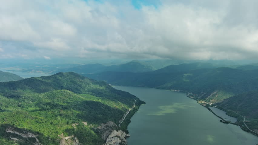 Aerial view on the Danube river and mountains in Djerdap National Park, Serbia Romania border, 4k