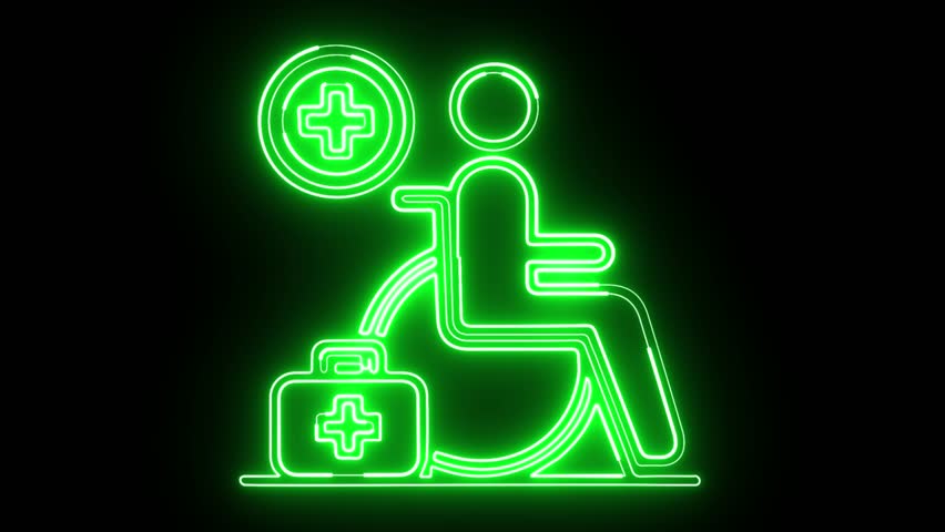Modern Neon Mobility Care Icon With Wheelchair, Support Kit, and Symbol 4k Loop Animation.