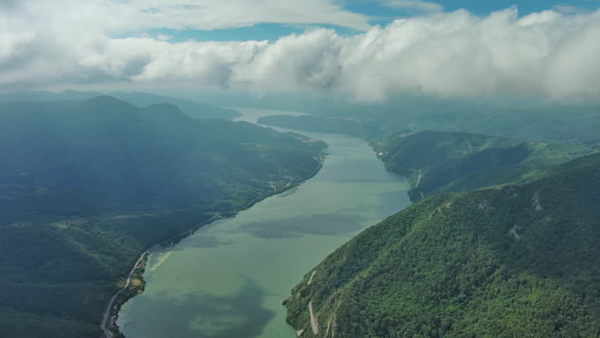 Aerial view on the Danube river and mountains in Djerdap National Park, Serbia Romania border, 4k