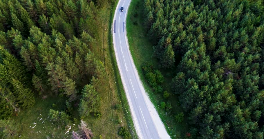 Aerial view of a vehicle driving along a winding asphalt road through a lush green forest
