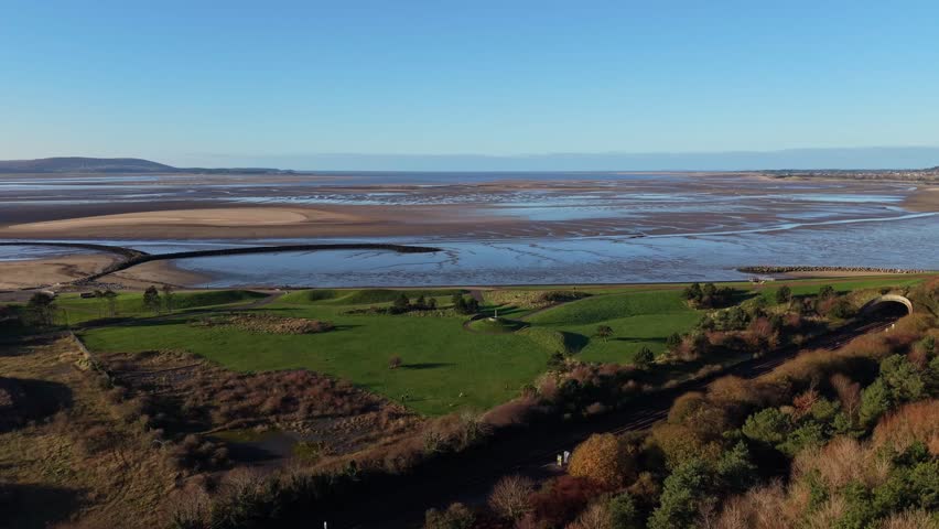 Aerial video at Sandy Water park Llanelli, Wales, UK