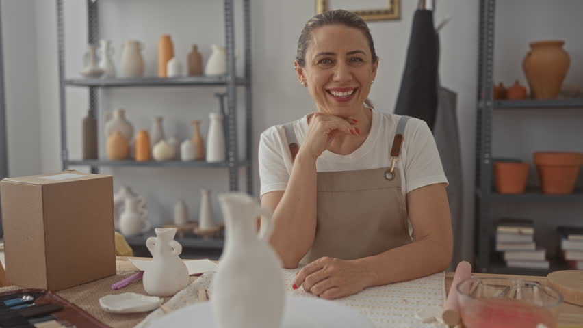 Middle aged artisan woman wearing beige apron touching chin next to a white ceramic vase on a wooden table in her studio workshop; serenity.