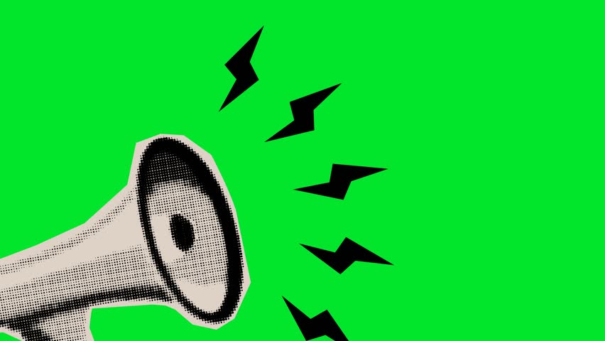 megaphone, magazine-style isolated on a green chroma key background, important messages, breaking news, halftone collage art