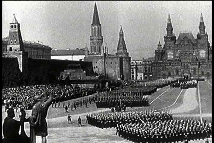 1940s - Russian troops in Stalinist army march in a public square.