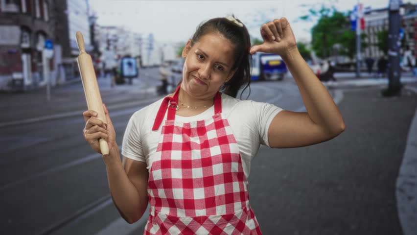 Woman cook holding a rolling pin and showing thumbs down gesture on a city street wearing red gingham apron and tshirt; kitchen disappointment.