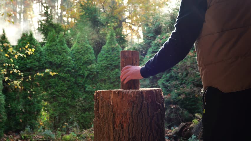 firewood heating.Solid heating fuel.man chops wood on a large stump outside.Heating season. Natural source of heat and heating of the house. 4k footage