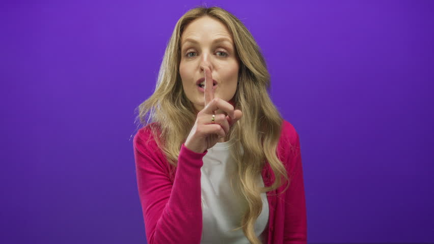 Young blonde woman gesturing silence with finger over lips against an isolated purple background wall wearing casual clothes.