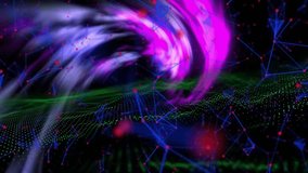 Magenta flash starting ribbon forming curling splitting settling across green grid showing flow. Vortex, neon, network, particles, abstract, motion, lattice - Powered by Shutterstock - Get 15% off with code: PIKWIZARD15