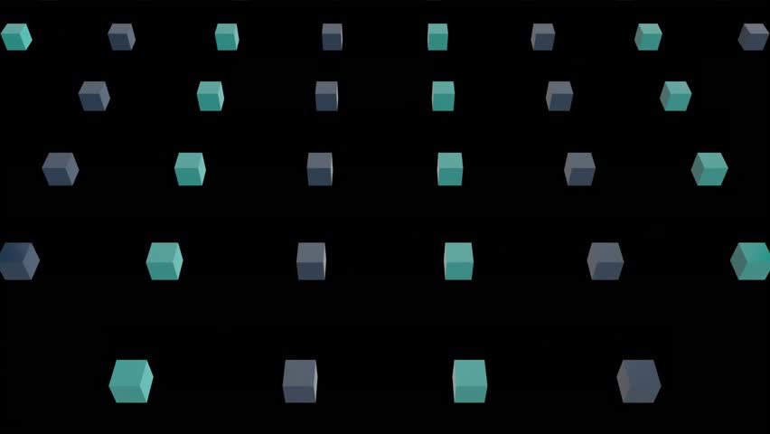 Camera pushing forward, teal cubes drifting and gray triangles entering, rotating, creating depth. Geometry, parallax, starfield, particles, abstract, lensflare, volumetric