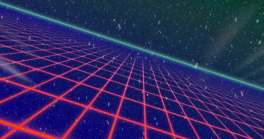 Camera tilting, neon grid plane receding, beams sweeping, particles falling, creating retro depth. Glow, lattice, streaks, specks, horizon, synthwave, gradient