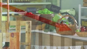 Woman entering right picking produce apple shopping turning smiling red arrow bar charts overlaying. Market, baskets, crates, shopper, woven, backlit, rustic - Powered by Shutterstock - Get 15% off with code: PIKWIZARD15