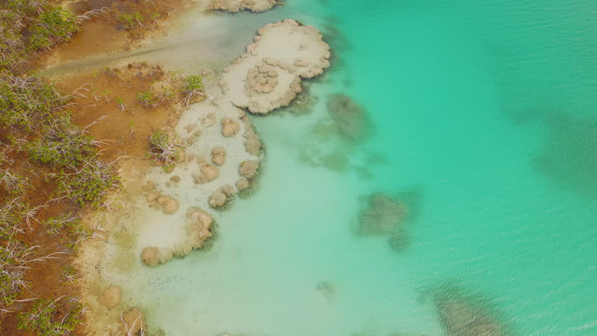 Aerial view of Los Rapidos Bacalar with stromatolite formations and turquoise water showing the flow of natural currents in Mexico