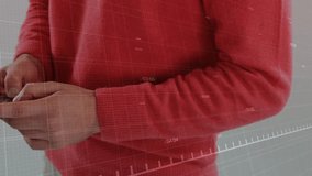 Adult man tapping and swiping phone at waist showing finance chart overlaying hands for market scan. Smartphone, data, analytics, grid, minimalist, corporate, closeup - Powered by Shutterstock - Get 15% off with code: PIKWIZARD15