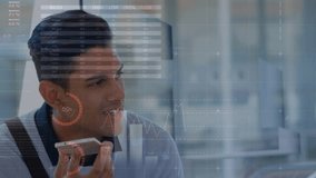 Man holding phone near mouth, speaking activating tech data overlay 45% pie charts checking metrics. Holographic, translucent, futuristic, visualization, mobile, glass, atrium - Powered by Shutterstock - Get 15% off with code: PIKWIZARD15