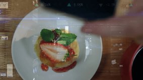 Smartphone entering frame, hands rotating phone vertical, tapping, holding, composing dessert shot. Pastry, strawberry, mint, device, cafe, tabletop, overlay - Powered by Shutterstock - Get 15% off with code: PIKWIZARD15