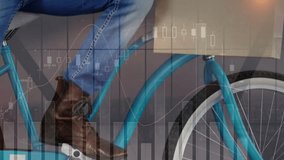 Man sitting on bike tapping phone causing animated finance charts updating over grid tracking funds. Bicycle, smartphone, graphs, bag, studio, casual, urban - Powered by Shutterstock - Get 15% off with code: PIKWIZARD15