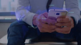 Seated man tapping smartphone, initiating animated data overlay and updating business analytics. Phone, touch, screen, hud, visualization, lounge, corporate - Powered by Shutterstock - Get 15% off with code: PIKWIZARD15