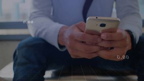 Animated finance graphs appearing and updating while man tapping phone in lobby for market analysis. Smartphone, executive, professional, office, charts, data, analytics - Powered by Shutterstock - Get 15% off with code: PIKWIZARD15