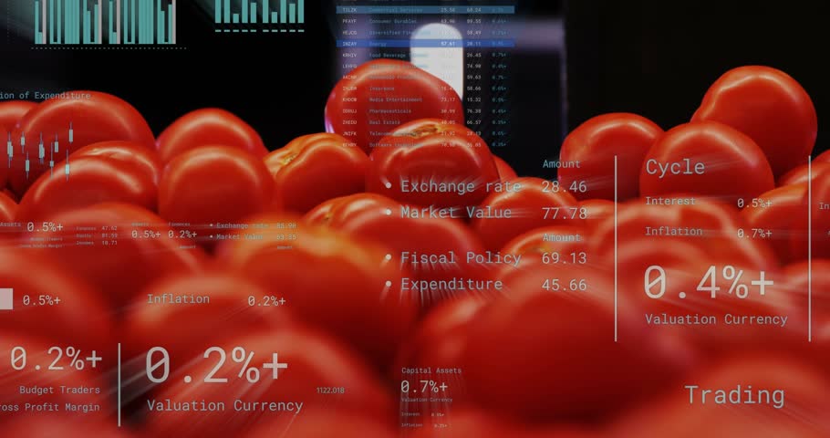 Camera pulling back HUD rising over red orbs charts emerging updating rates and showing market data. Spheres, cluster, crimson, overlays, widgets, parallax, glossy