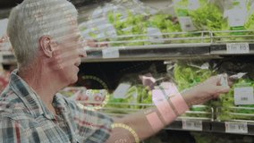 Senior shopper reaching bagged lettuce in retail, checking freshness with animated percent charts. Elderly, man, supermarket, greens, selection, inspection, data - Powered by Shutterstock - Get 15% off with code: PIKWIZARD15