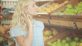 Woman shopper reaching shelf smelling orange checking taste in grocery, green chart overlay rising. Produce, fruit, customer, market, aisle, citrus, gridlines - Powered by Shutterstock - Get 15% off with code: PIKWIZARD15