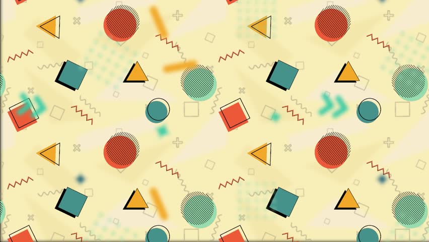 Colorful geometric shapes moving diagonally with parallax effect, on a beige background.