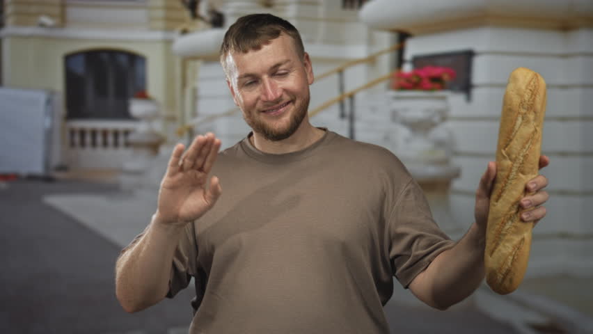Man smiling raises hand palm out and holds baguette beside him in front of ornate building entrance; friendly greeting cheerful.