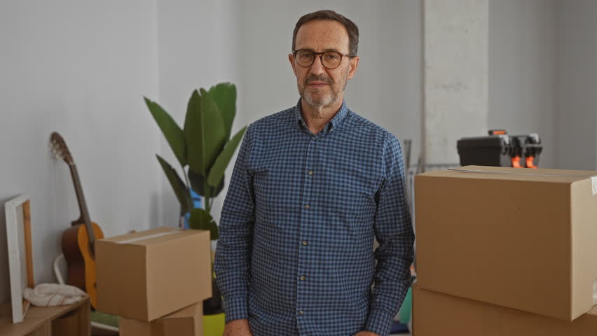Hispanic man standing in a new home with moving boxes in the living room, showcasing a mature and content expression surrounded by homey decor.