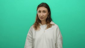 Woman gestures with fingers indicating small size against a bright green background, wearing a white sweater and showcasing a playful, expressive pose. - Powered by Shutterstock - Get 15% off with code: PIKWIZARD15