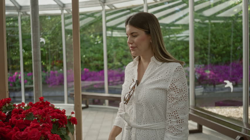 Woman enjoying vibrant red flowers in a stunning garden in lisse netherlands surrounded by greenery and blooms capturing the essence of spring in a peaceful setting.