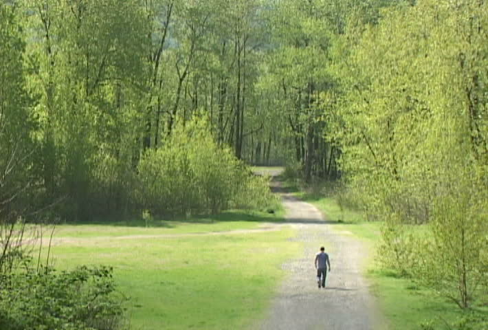 Man walks towards camera in lush Oregon Forest on trails.