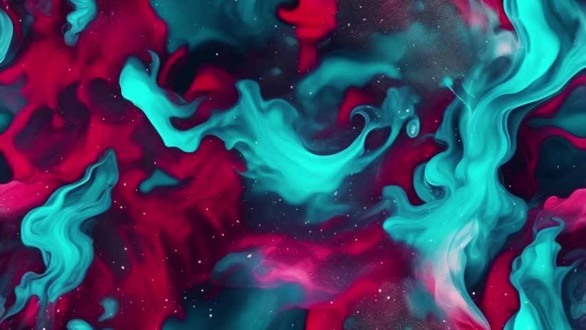 Slow motion of fluid smoke or ink in bright red (fuchsia or crimson) and neon greenish blue (cyan or teal). - Powered by Shutterstock - Get 15% off with code: PIKWIZARD15