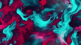 Slow motion of fluid smoke or ink in bright red (fuchsia or crimson) and neon greenish blue (cyan or teal). - Powered by Shutterstock - Get 15% off with code: PIKWIZARD15