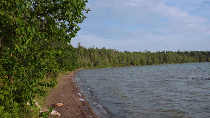 Serene summer lake beach with soft water movement and bright, inviting atmosphere.
