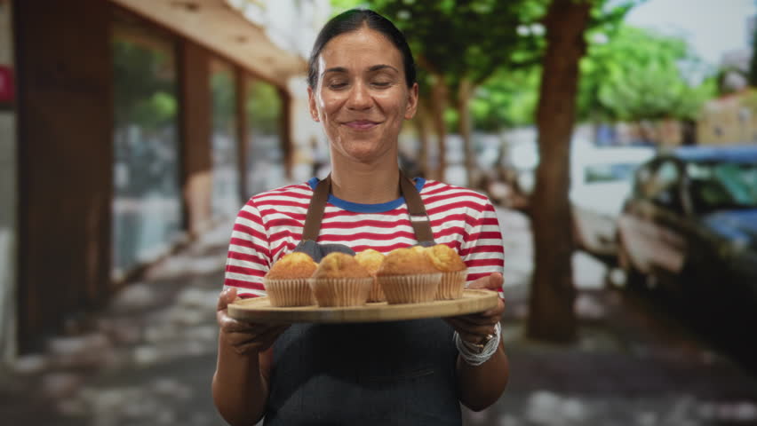 Woman baker smiling and holding a wooden tray of muffins while wearing apron and striped shirt on a city street; warmth hospitality sharing.
