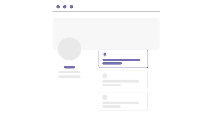 Clean 2D animation of a social media profile layout with message and post pop-ups. Minimal UI design perfect for marketing, notifications, digital content, and social network concepts.
