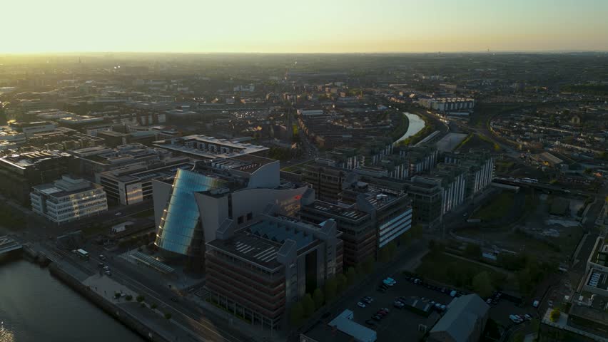 Aerial view of the iconic Convention Centre Building in the banks of Liffey River in The Point Area - Dublin City Centre