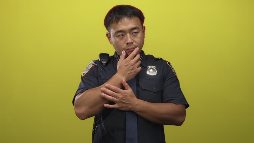 Young policeman holds hand to chin while showing badge and radio microphone in studio; introspection.