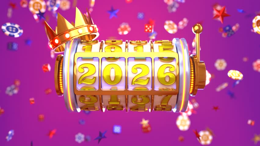 Slot machine showing 2026 with casino elements on blue background, Happy New Year 2026 concept