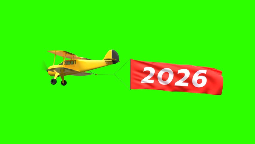 Looping video of flying a plane with red 2026 sign on green background - Powered by Shutterstock - Get 15% off with code: PIKWIZARD15