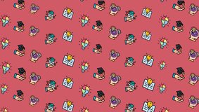 Colorful seamless looping animation featuring creative education elements such as books, lightbulbs, science atoms, globes, and graduation icons on a coral red background. - Powered by Shutterstock - Get 15% off with code: PIKWIZARD15
